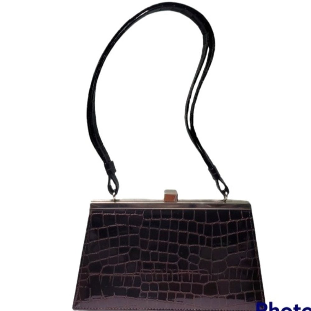 NEW JEANNE LOTTIE Vintage Croc Embossed Brown Trapezoid Solid Frame Shoulder Bag